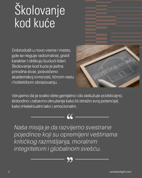 Podnaslov je +Školovanje kod kuće ' i ima slika sa malom tablom na kojoj je napisana reč homeschooling